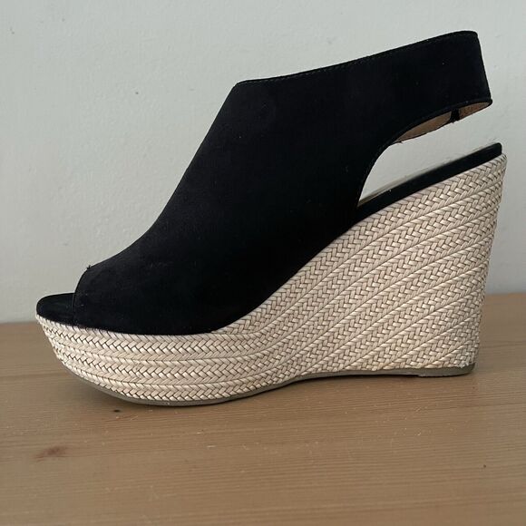 Report Boho Wedge Sandals Womens 9 Utility Espadrilles Black Suede Fringe Shoes - Picture 3 of 12